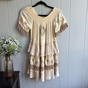 NWT NJ Conture Embroidered Tan Yellow Fringe Mini Dress Off the Shoulder